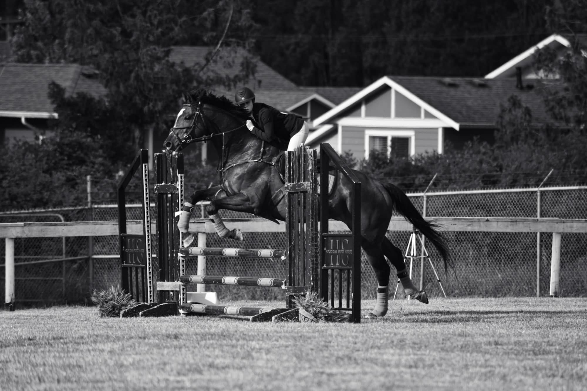 Black and white photo of a horse and rider clearing an oxer